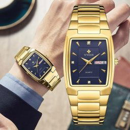 Montre de luxe à Quartz pour hommes en or cadran rectangulaire à la mode