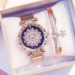 Ensemble de montres à quartz en biscuits pour femmes bracelet magnétique fleur porte-bonheur