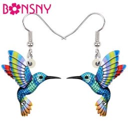 BONSNY-Boucles d'Oreilles en Acrylique Motif Floral Arc-en-Ciel Bijoux Pendants Colibri Oiseaux