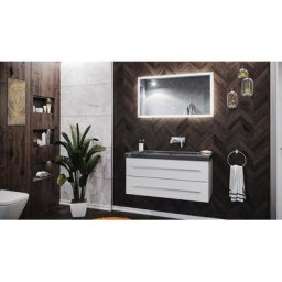 Damo blanc avec vasque en granit G654, 100cm sans pré-perçage & miroir à LED