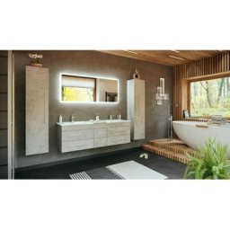 Ensemble de SDB VITRO XL 4 pcs inkl. vasque en verre miroir LED en aspect béton