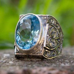 Bague d'affaires en cristal de pierre bleue incrustée à la main de dinde pour hommes bijoux en
