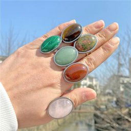 Bague Vintage en Pierre Naturelle d'Aventurine Grand Cabochon Ouvert Ajustable Bijoux pour Homme