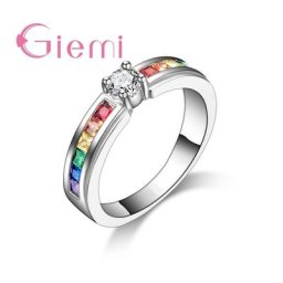 Nouveauté anneau de bande en argent Sterling 925 cristal arc-en-ciel coloré pour femmes bijoux de