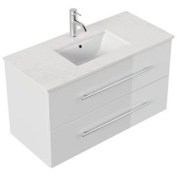 Meuble de salle de bain Ely 100 quartz Carrara meuble bas blanc brillant