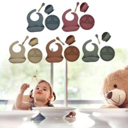 Vaisselle en Silicone pour bébé imperméable bavoir assiette à dîner bol à ventouse cuillère 4
