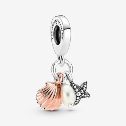 Charm Pendant Triple Perle de Culture d’Eau Douce Traitée, Étoile de Mer&Coquillage
