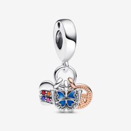 Charm Pendant Triple Cœur Arc-En-Ciel, Papillon&Paix Bicolore