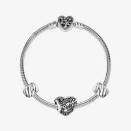 Bracelet Composé Cœur de Famille et Charm Clip à Plumes