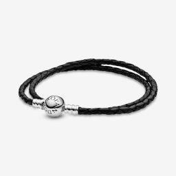 Double Bracelet en Cuir Noir Moments
