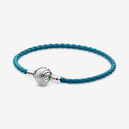 Bracelet en Cuir Tressé Turquoise Fermoir Coquillage Moments