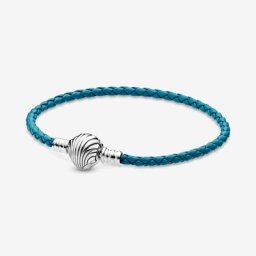 Bracelet en Cuir Tressé Turquoise Fermoir Coquillage Moments