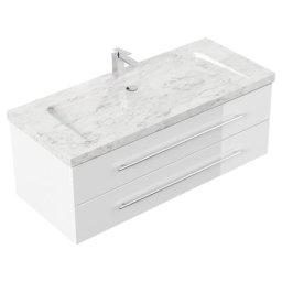 Meuble SDB Damo en blanc brillant avec une vasque en marbre Carrara White 130cm