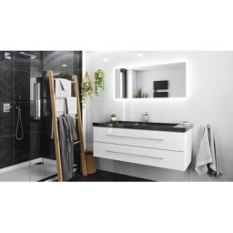 Damo en blanc avec simple vasque en granit Galaxy Black 130cm & miroir à LED
