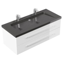 Meuble SDB Damo blanc brillant avec double vasque en granit India Black, 130cm
