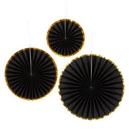 Rosaces éventails en papier ""glamour"", noir/doré, 3 pièces