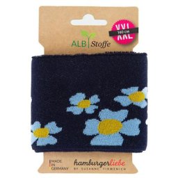 Albstoffe Bande bord-côte coton bio « fleurs / botanical », bleu/jaune, 1,4 m