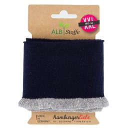 Albstoffe Bande bord-côte coton bio « Cuff Me Frill », bleu marine/argenté, 1,4 m