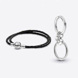 Coffret Cadeaux Double Bracelet en Cuir Noir et Porte-Clés à Charms Moments