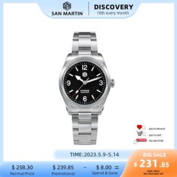 San Martin-Montre de sport en acier inoxydable pour homme pointeur automatique mécanique marque