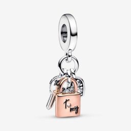 Charm Pendant Triple Clé, Cadenas&Cœur Bicolore
