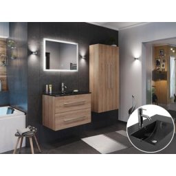 Ensemble de SDB 80 vasque noir (4 Pièces/B) en décor Chêne avec miroir LED