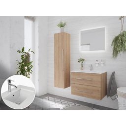 Ensemble meubles SDB Ely 70 quartz blanc 3pcs miroir LED chêne clair
