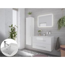 Ensemble meubles SDB Ely 90 quartz blanc 3pcs miroir LED blanc brillant