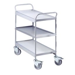 Chariot de service, tablette 670 x 380 mm, force 75 kg, 3 tablettes, 4 roulettes pivotantes, dont 2 avec blocage double