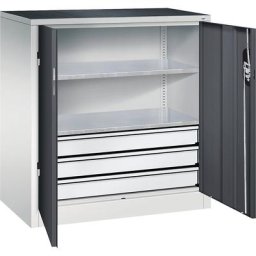 C+P Armoire d'atelier hauteur bureau avec portes battantes et tiroirs, h x l x p 1000 x 930 x 500 mm, gris clair / anthracite