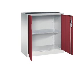 C+P Armoire d'atelier hauteur bureau à portes battantes, largeur x profondeur 930 x 400 mm, gris clair / rouge rubis