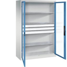 C+P Armoire vitrée à portes battantes, h x l x p 1950 x 1200 x 500 mm, 3 tablettes, 3 tiroirs, gris clair / bleu clair