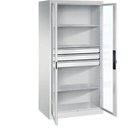 C+P Armoire vitrée à portes battantes, h x l x p 1950 x 930 x 600 mm, 3 tablettes, 3 tiroirs, gris clair / gris clair