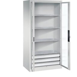 C+P Armoire vitrée à portes battantes, h x l x p 1950 x 930 x 600 mm, 4 tablettes, 3 tiroirs, gris clair / gris clair