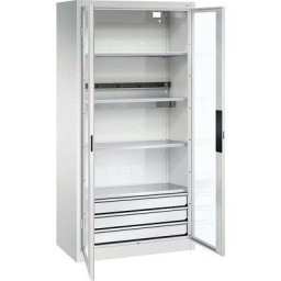 C+P Armoire de chargement centralisé BASIC, portes vitrées, 3 tiroirs, gris clair