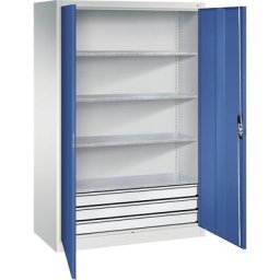 C+P Armoire d'atelier à portes battantes avec tiroirs, l x p 1200 x 600 mm, 4 tablettes, gris clair / bleu gentiane
