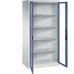 C+P Armoire vitrée à portes battantes, h x l x p 1950 x 930 x 600 mm, 4 tablettes, gris clair / bleu distant