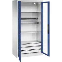 C+P Armoire de chargement centralisé BASIC, portes vitrées, 3 tiroirs, gris clair / bleu gentiane