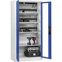 C+P Armoire de chargement centralisé COMFORT, avec portes vitrées, gris clair / bleu gentiane