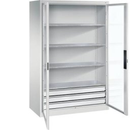 C+P Armoire vitrée à portes battantes, h x l x p 1950 x 1200 x 600 mm, 4 tablettes, 3 tiroirs, gris clair / gris clair