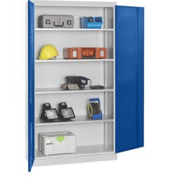 eurokraft pro Armoire d'atelier, profondeur 450 mm, 4 tablettes et portes en tôle pleine, portes bleues