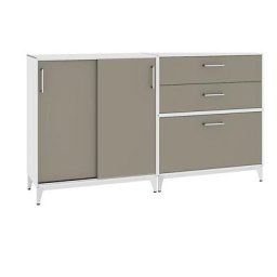 mauser Armoire extra-basse, portes coulissantes, 3 tiroirs, blanc pur / gris beige