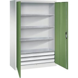 C+P Armoire d'atelier à portes battantes avec tiroirs, l x p 1200 x 500 mm, 4 tablettes, gris clair / vert réséda