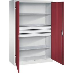 C+P Armoire d'atelier à portes battantes avec tiroirs, l x p 1200 x 500 mm, 3 tablettes, gris clair / rouge rubis