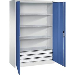 C+P Armoire d'atelier à portes battantes avec tiroirs, l x p 930 x 600 mm, 4 tablettes, gris clair / bleu gentiane