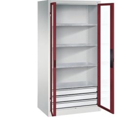 C+P Armoire vitrée à portes battantes, h x l x p 1950 x 930 x 600 mm, 4 tablettes, 3 tiroirs, gris clair / rouge rubis