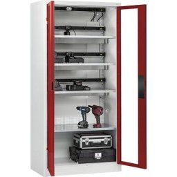 C+P Armoire de chargement centralisé COMFORT, avec portes vitrées, gris clair / rouge rubis