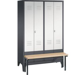 C+P Penderie CLASSIC avec banc frontal et portes fermant l'une contre l'autre, 4 compartiments, largeur compartiments 300 mm, gris noir / gris clair