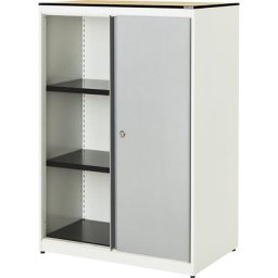 mauser Armoire à portes coulissantes, h x l x p 1168 x 800 x 432 mm, plateau à noyau plein, 2 tablettes, blanc pur / aluminium / érable
