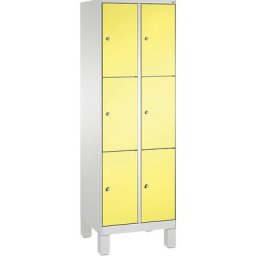 C+P Armoire à casiers sur pieds EVOLO, 2 compartiments, 3 casiers chacun, largeur compartiments 300 mm, gris clair / jaune soufre